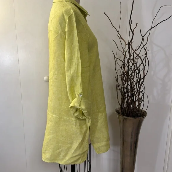 Tahari Linen long sleeve button down tunic in lime green - Picture 7 of 7